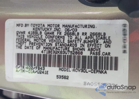 2003 Toyota Camry Le from USA, damaged, VIN 4T1BE32K63U752868